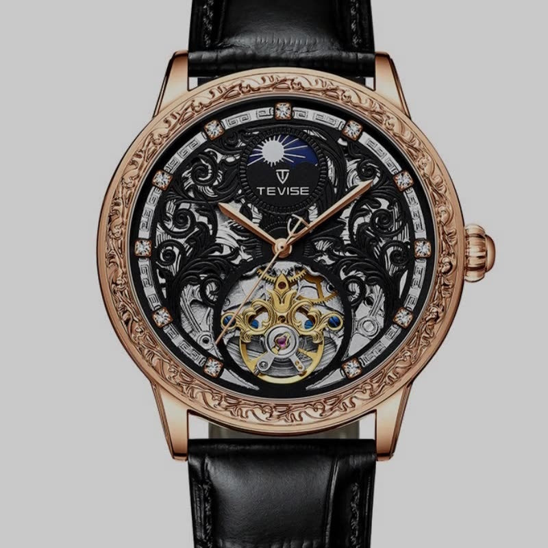 Rose-gold mechanical skeleton watch with black leather strap and detailed openwork dial