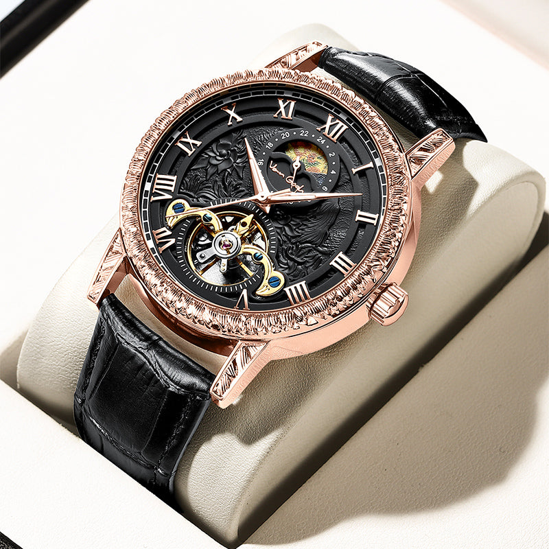 Men's automatic skeleton watch close-up with black leather strap and rose gold-tone case