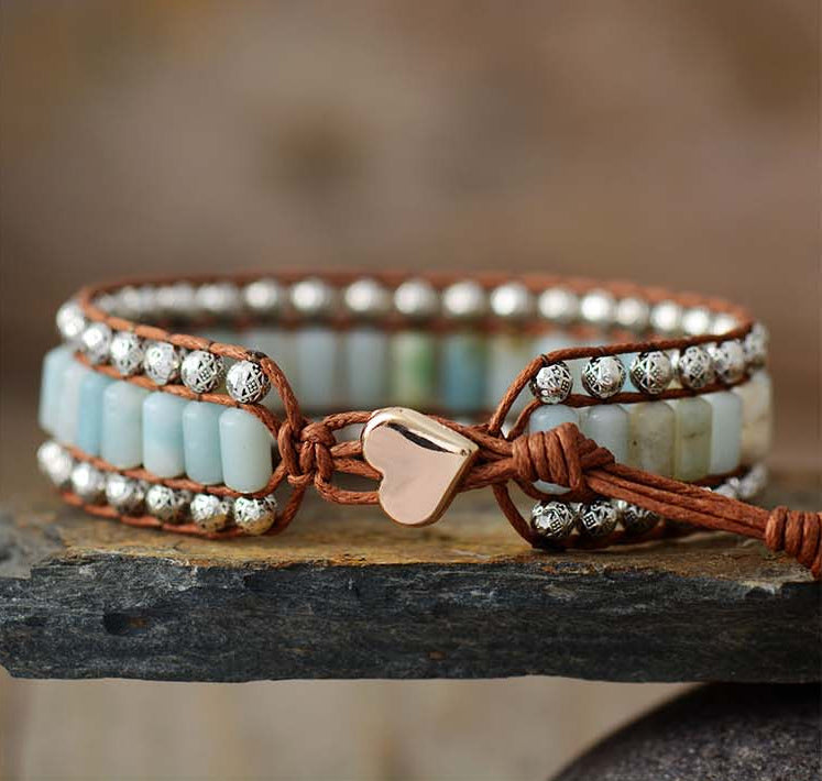 Brown leather stone beaded bracelet with light blue beads and heart-shaped clasp