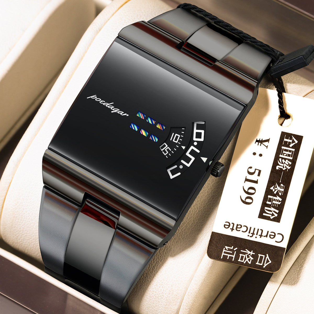 Ultra-thin quartz watch with black case and blue digital face, in gift box with tag