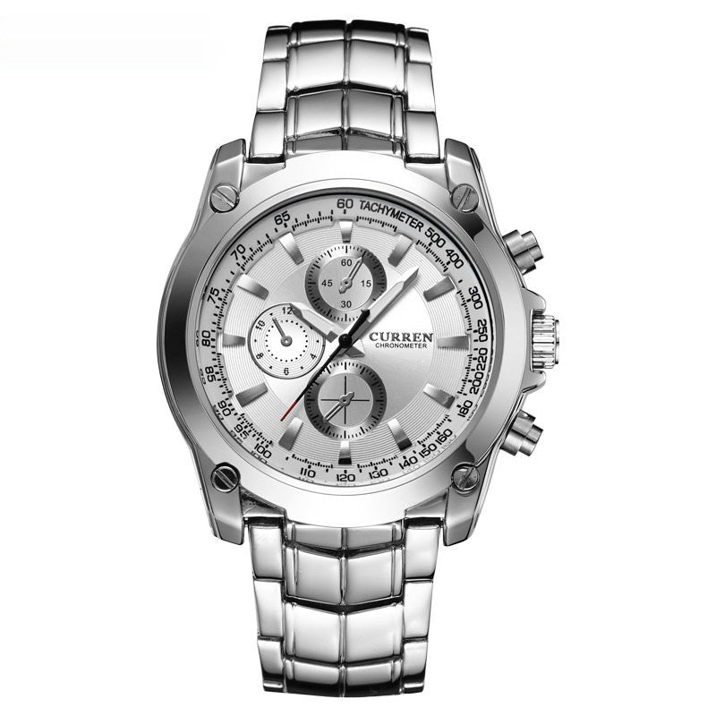 Men's business quartz watch with silver alloy bracelet and white chronograph-style dials