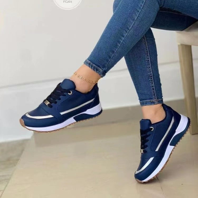 Women's dark blue lace-up flat sneakers, round toe, white side stripe