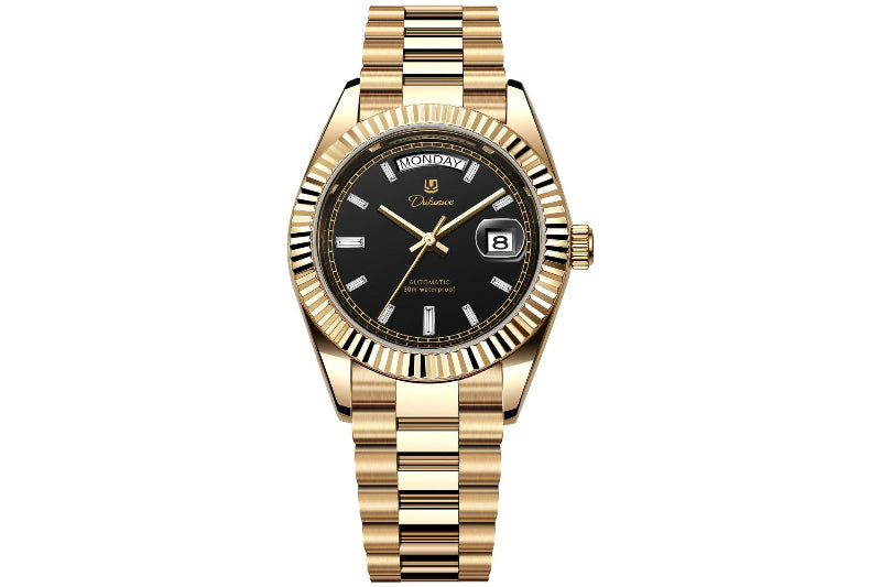 Gold-tone men’s automatic mechanical watch with black dial, gold hands, and date window