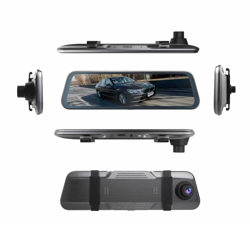 Rearview mirror dash cam shown from multiple angles with screen and camera lens