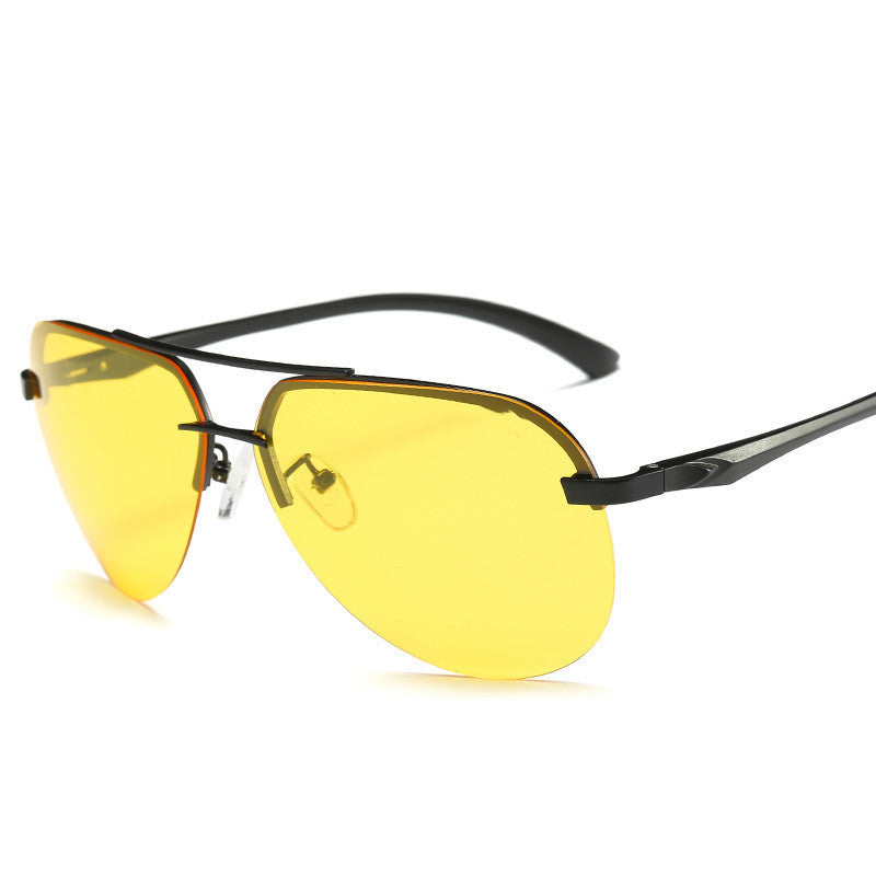 Sunglasses with yellow lenses and black frames on a white background