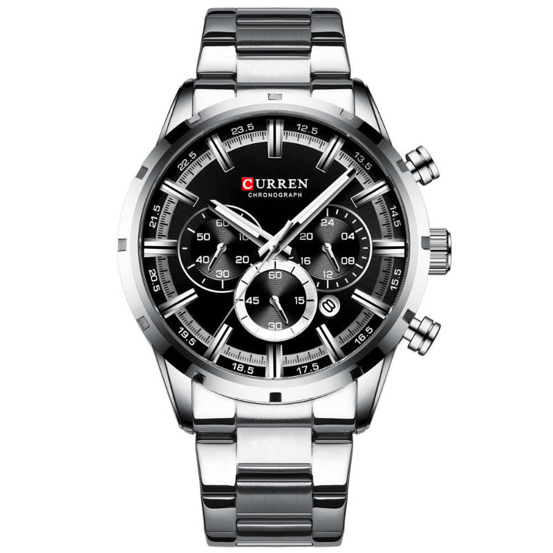Men's business quartz watch with black dial and silver metal bracelet, three subdials