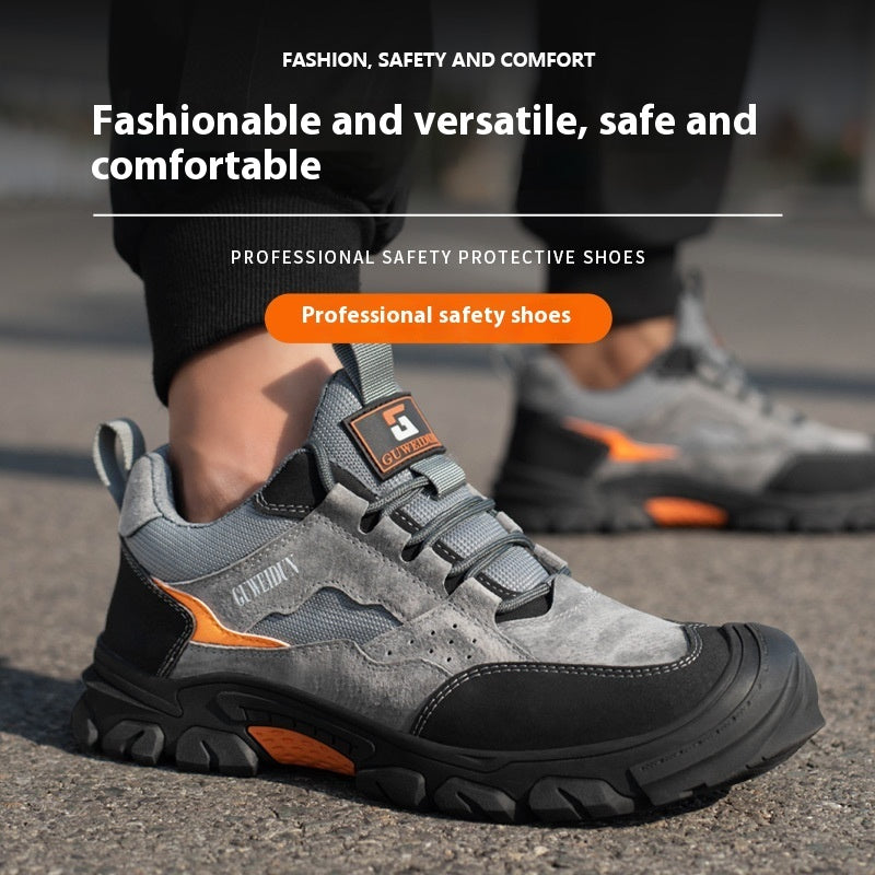 Men's grey and black safety work shoe with orange sole insert, on foot