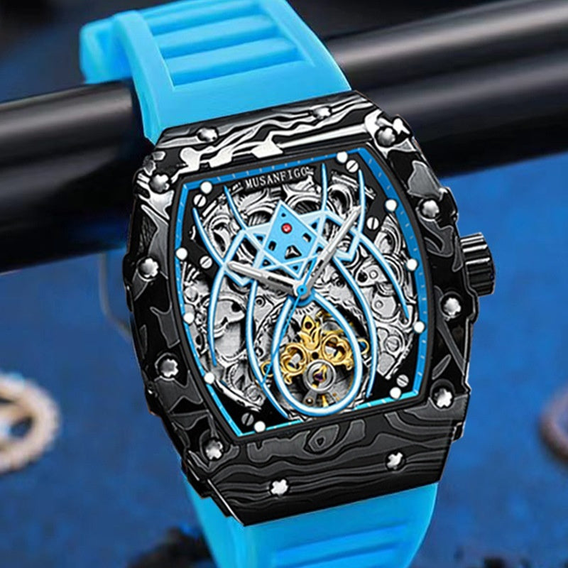 Automatic mechanical watch close-up with sky blue strap and blue skeleton dial