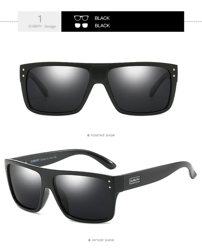 Black sport sunglasses with dark polarized lenses and sturdy rectangular frame