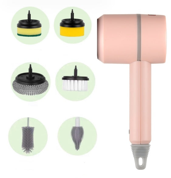 Electric cleaning brush with pink handle and six replaceable scouring pads