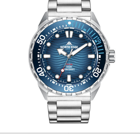 Solar dive watch with blue dial and silver stainless steel bracelet, dive bezel