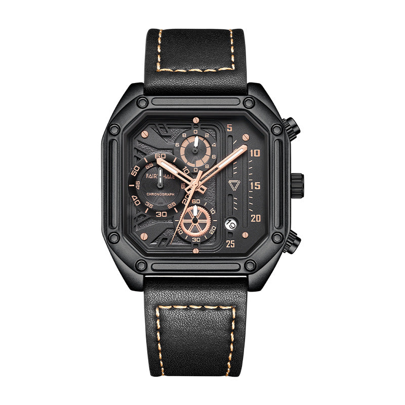 Black wristwatch with detailed face on a white background