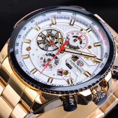 Gold wristwatch with a white face and red second hand on a black background