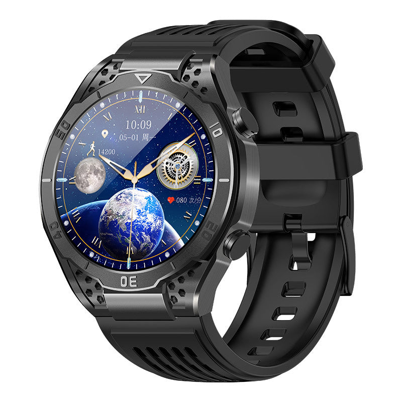 Black smartwatch with black strap and blue Earth-themed round display