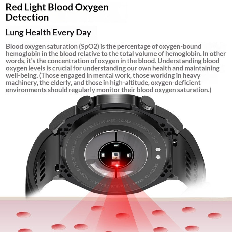 Rear sensor of a black smartwatch with a red-light blood-oxygen feature illustration