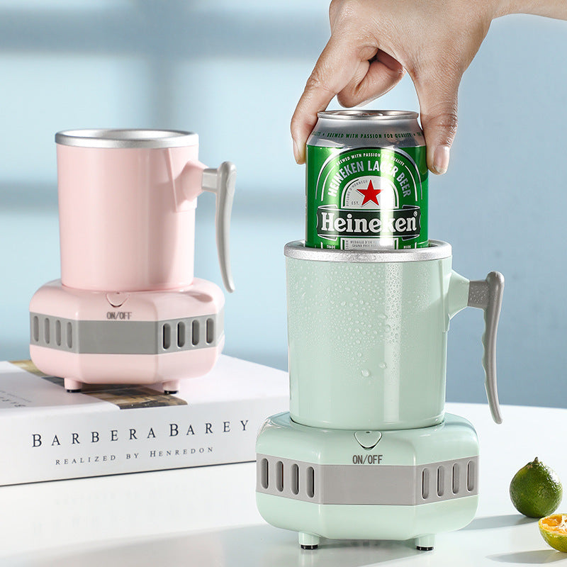 Mini ice cooling cup in mint green with handle, gray base, and a drink can inside
