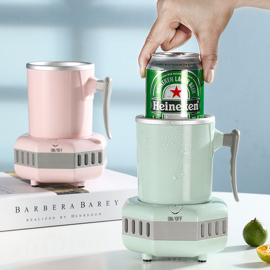 Two mini refrigerators, one pink and one green, with a hand placing a Heineken can on the green one.