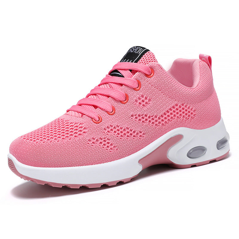 Pink lace-up knit running shoe with white air-cushion sole and breathable mesh upper
