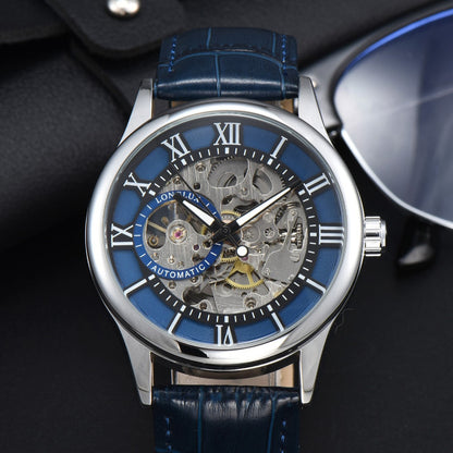 Luxury watch with blue strap and visible mechanical components on a dark background