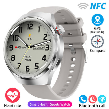 Silver-color round smartwatch with light gray silicone strap and pale analog-style watch face