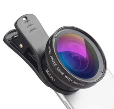 Black phone lens kit with super wide angle and macro clip-on attachment
