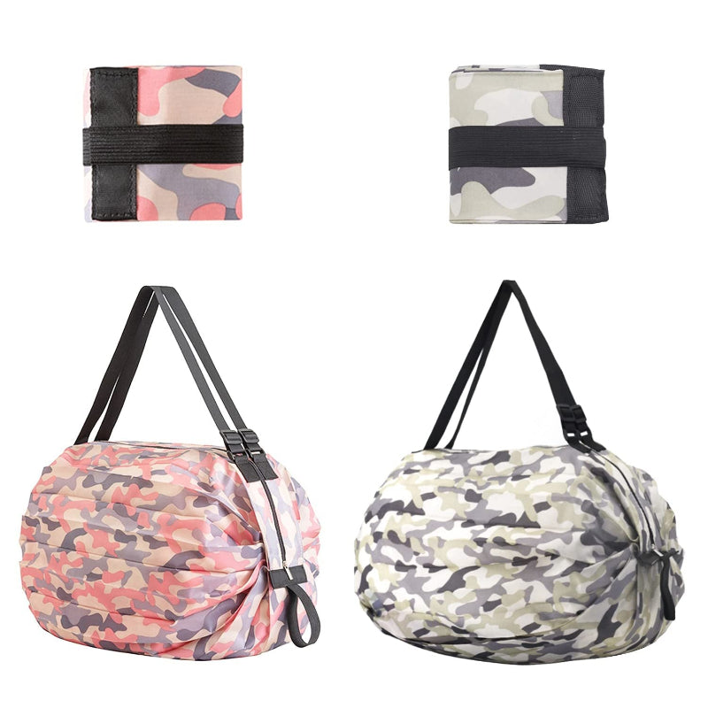 Camouflage-patterned bags on a white background