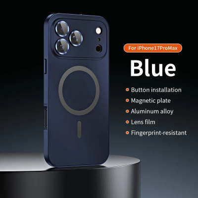 Blue phone case for iPhone 17 Pro Max with features listed on a dark background