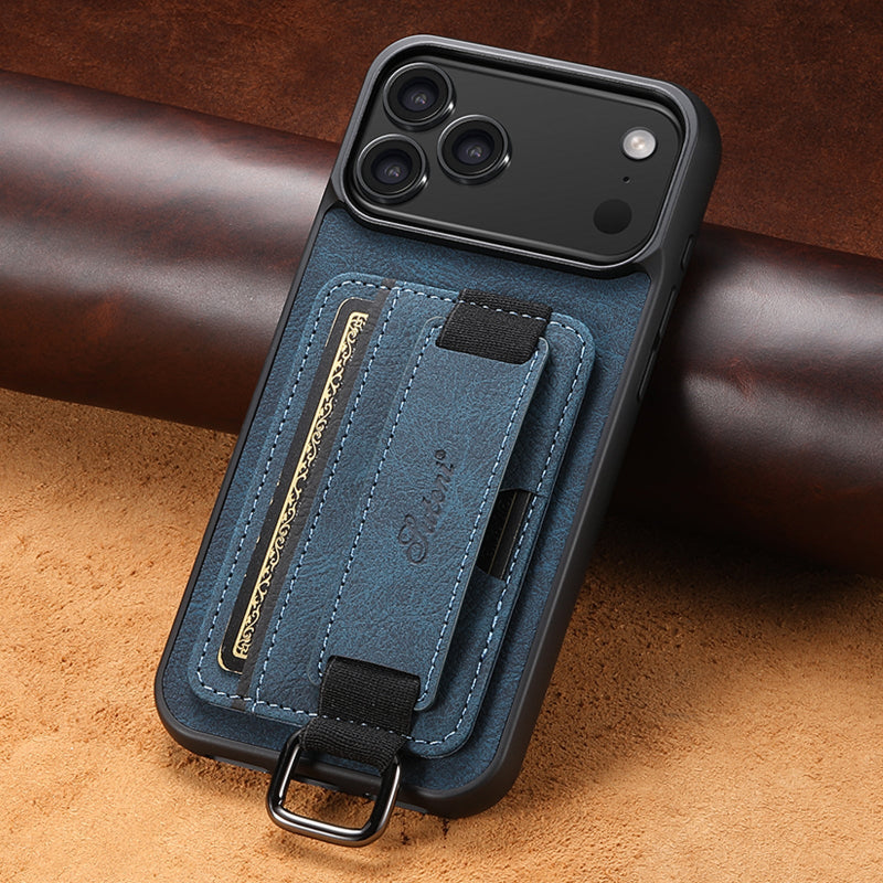 Blue phone case with a strap on a brown leather background