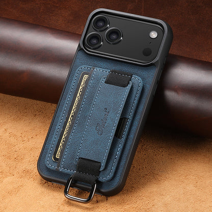Blue phone case with a strap on a brown leather background