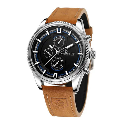 Watch with brown leather strap and black dial on a white background