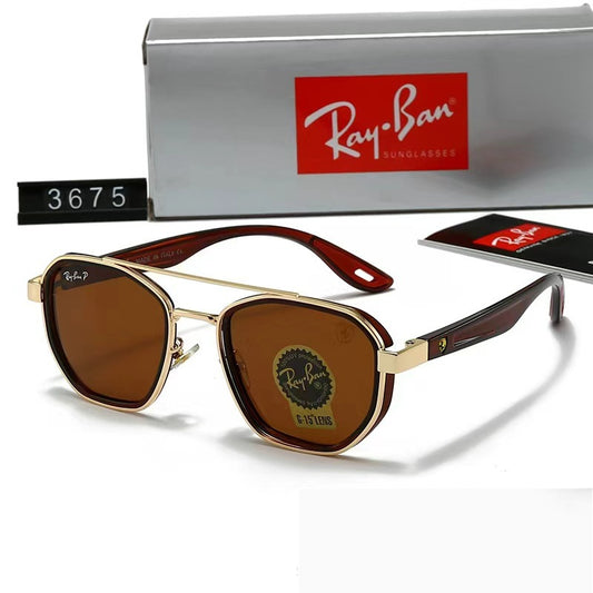 Ray-Ban sunglasses with gold frame and brown lenses, accompanied by the Ray-Ban case.