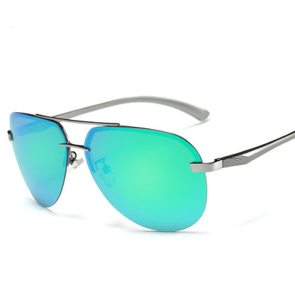 Sunglasses with green reflective lenses and silver frame on a white background