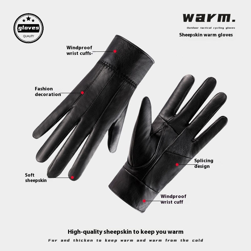Black leather glove feature diagram highlighting windproof wrist cuff and splicing design.