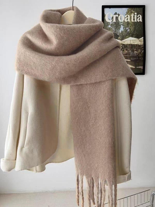 Women's wool-like scarf, taupe, fringed ends, hanging display with a rounded folded top