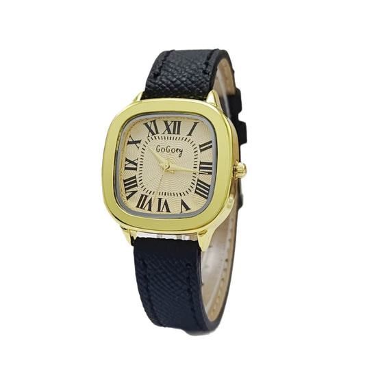 Gold watch with black strap on a white background