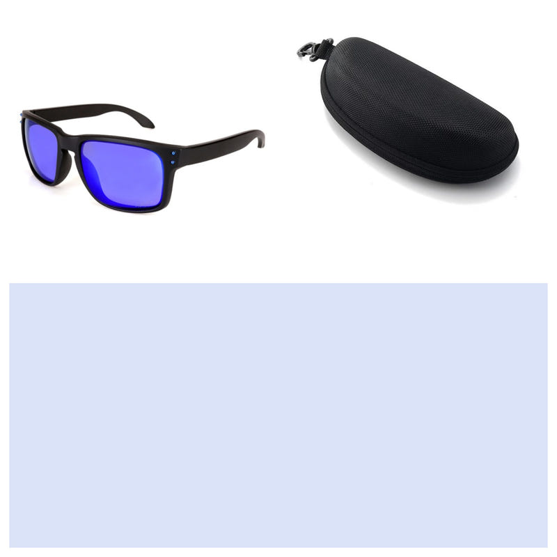 Men's polarized sports sunglasses with blue mirrored lenses and hard protective case