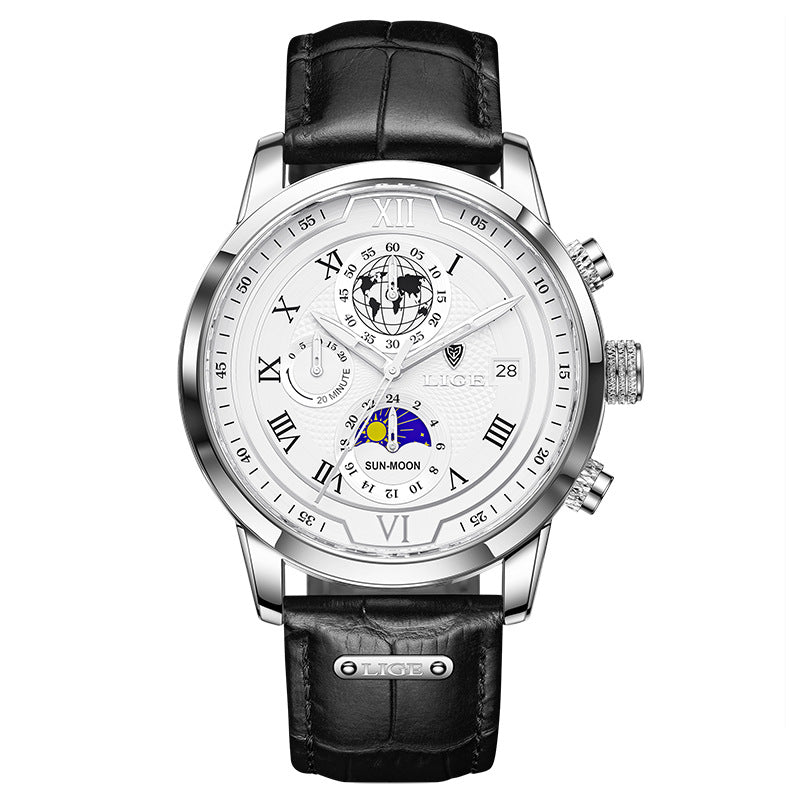 Men's silver moon phase quartz watch with white dial and black leather strap