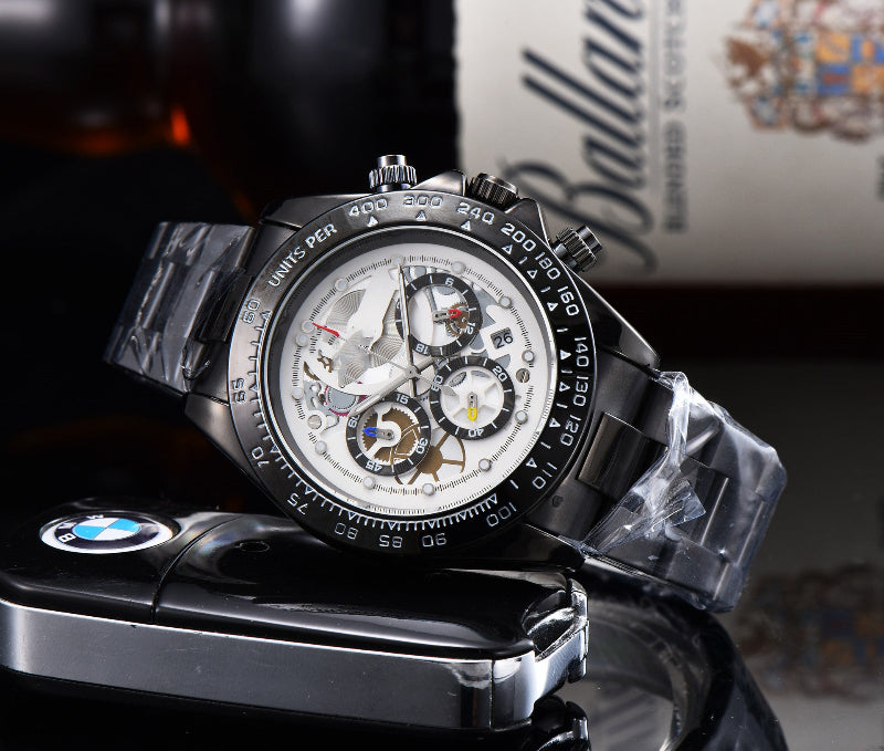 Men's quartz watch with steel link strap, silvery dial with detailed chronograph.