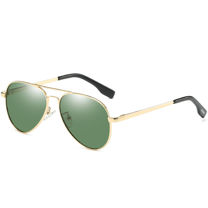 Polarized sunglasses with green mirrored lenses and gold frame with black temples
