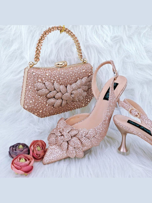 Champagne rhinestone heeled shoes with matching rhinestone handbag and bow decor