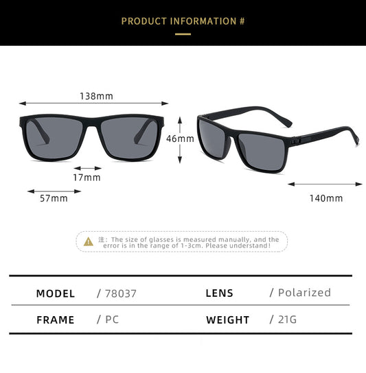 Sunglasses with dimensions and product information on a white background