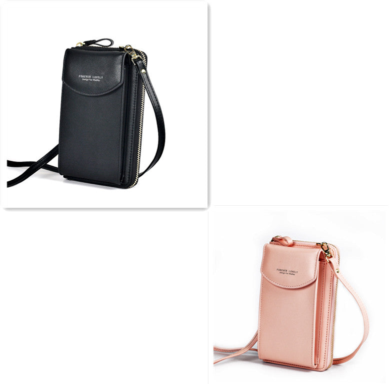 PU leather crossbody wallet purse, black and peach colors with top zip and wrist strap