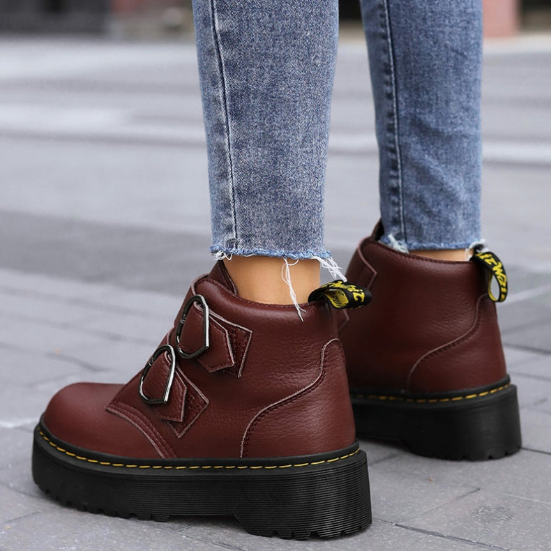 Women's thick-soled boots, maroon upper with heart-shaped buckle straps