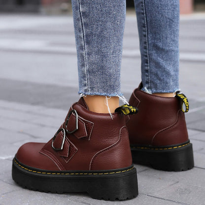 Women's thick-soled boots, maroon upper with heart-shaped buckle straps