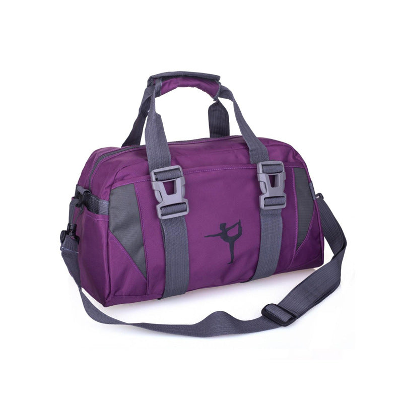 Yoga gym bag in purple with gray straps, yoga symbol logo, and shoulder strap