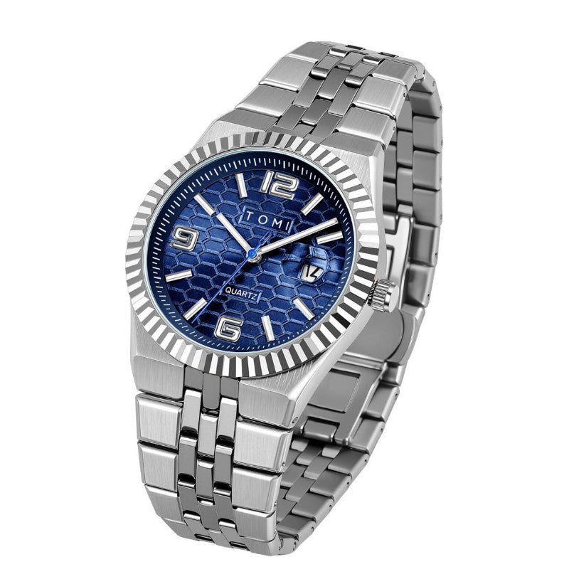 Men's minimalist quartz dress watch with silver metal bracelet and blue honeycomb dial