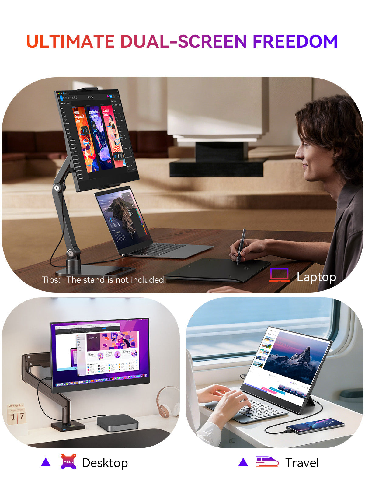 15.6-inch portable monitor on adjustable stand for dual-screen setups