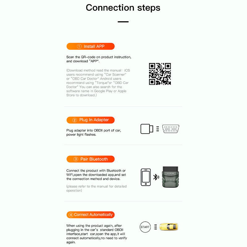 Step-by-step guide for connecting a product with QR code, adapter, and Bluetooth pairing on a white background.