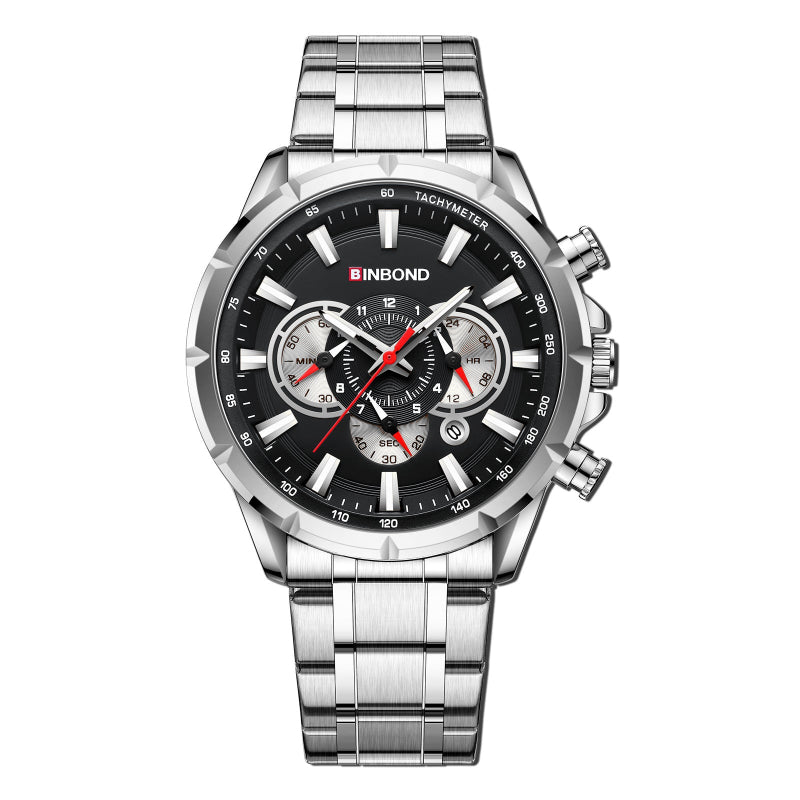 Men's tactical waterproof luminous watch with black dial, metal bracelet, chronograph subdials