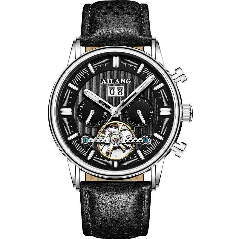 Black wristwatch with silver case and black leather strap on a white background